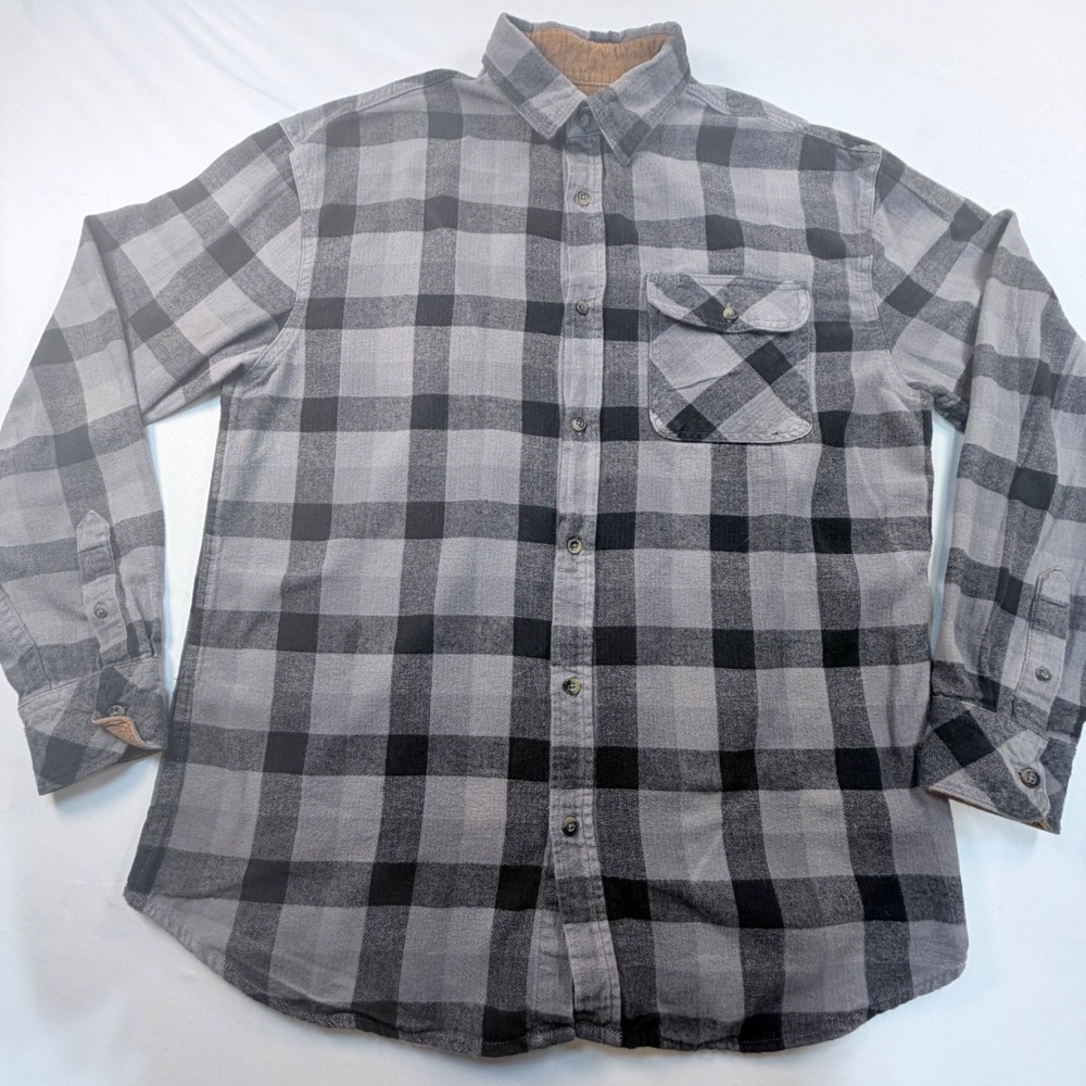 Gioberti Flannel Shirt Mens L Gray Black Buffalo Plaid Corduroy Collar Heavy